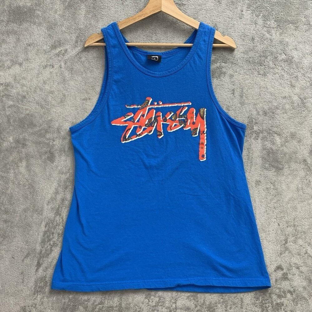Stussy Shirt Mens Medium Blue Tank Top Paisley Logo Lightweight Streetwear Skate